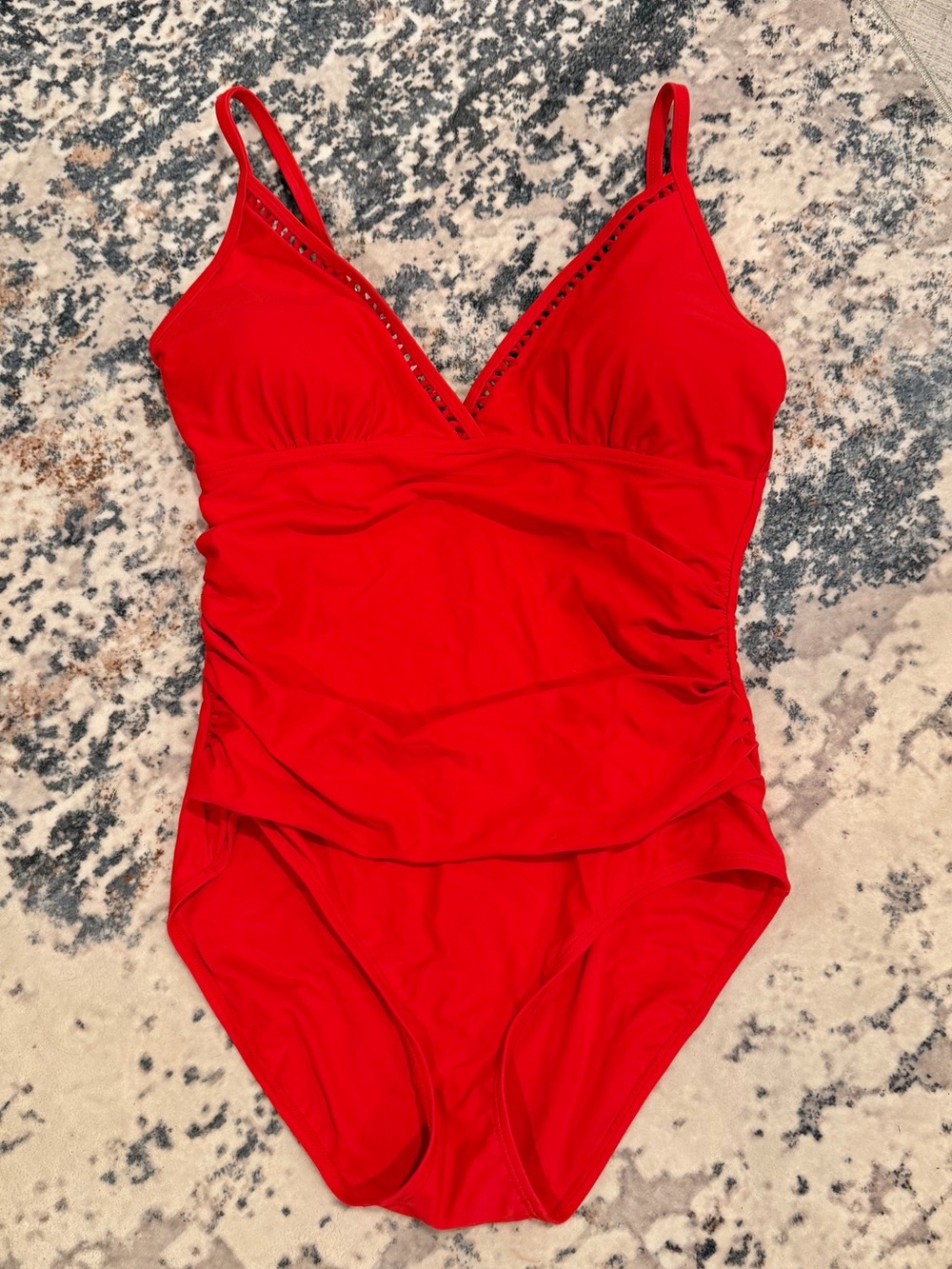 Red Ruched V Neck One Piece Swimsuit M NWOT